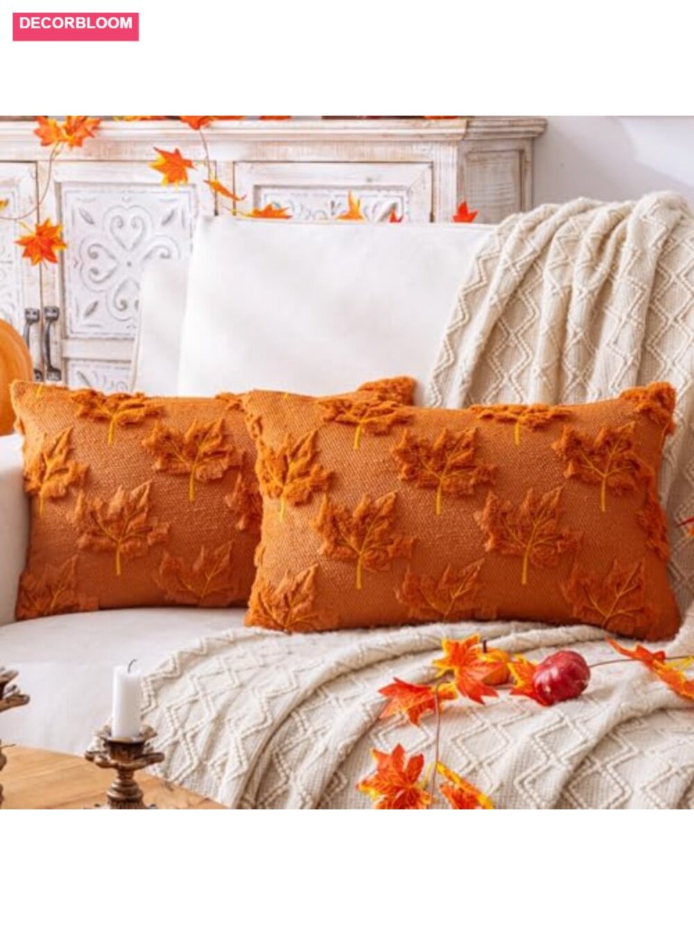 Fall Rust Maple Leaf Throw Pillow Covers 12x20 Set of 2 Plush Polyester
